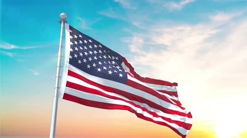 Realistic Waving American Flag on a Pole at Sunset