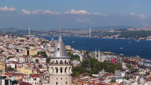 Galata Tower, Istanbul, Turkey - Aerial Boom Shot Reveals Bosphorus Strait
