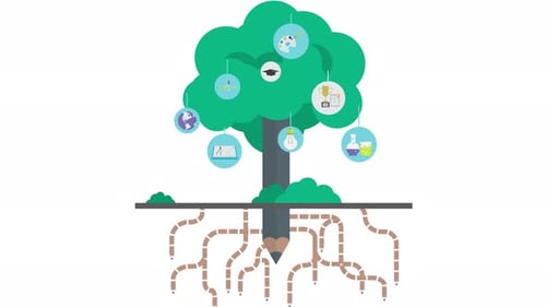 Animated Pencil Tree with Education and Creative Growth Icons