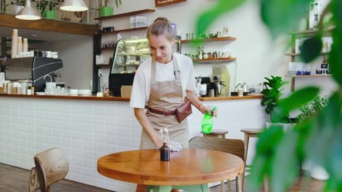 Cafe Employee Wipes Table with Cleaning Cloth