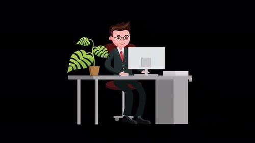 Male Office Worker With Glasses Working On Computer On Alpha Channel 4K