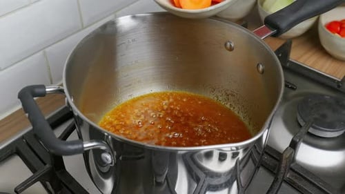 Cooking Video. Close up of food cooking simmering in a pan full of curry sauce, soup or stew placing