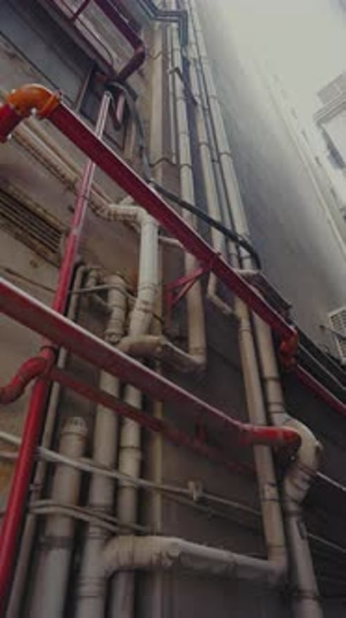 Complex Network of Old Industrial Pipes and Rusty Tubing on Exterior Wall of Building