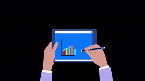 Animated Hands Analyzing Business Data on Digital Tablet