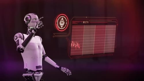 An Android Monitors The Fall In The Price Of Ethereum On A Virtual Panel