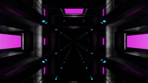 VJ Loop in HD mit dunklem Raumschiff-Korridor-Hintergrund in Cyan und Rosa