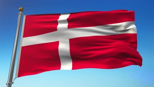 Denmark Flag Waving on Flagpole with Blue Sky