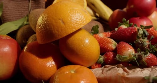 Arrangement of a variety of fruits on a wooden table