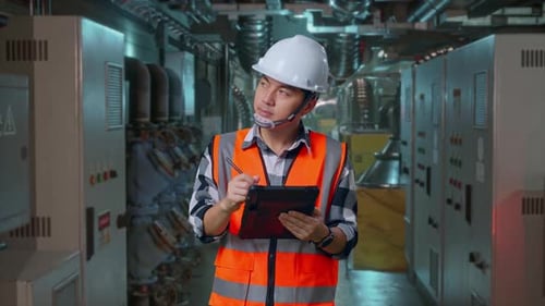 Asiatischer männlicher Ingenieur macht sich Notizen auf dem Tablet im Motorkontrollraum
