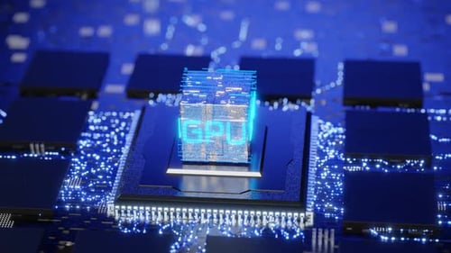 Apariencia de un cubo tecnológico con la inscripción GPU. Concepto de GPU. Rotación de la GPU en un