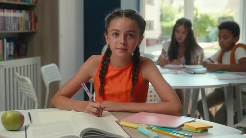 Smiling Pretty Caucasian Little Girl Kid Child Daughter Learner Pupil Schoolgirl Student in School