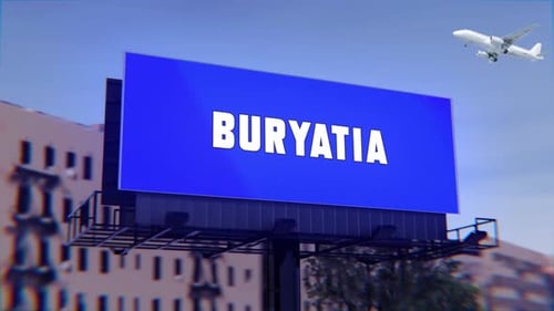 Buryatia Road Sign With A Street Billboard And An Airplane Taking Off In The Background