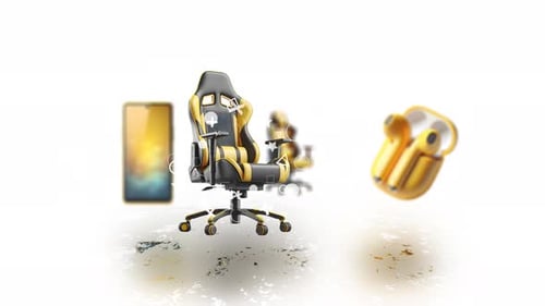 Motion animation of phone, earbuds and gaming chair on white background. Sales of e-commerce product