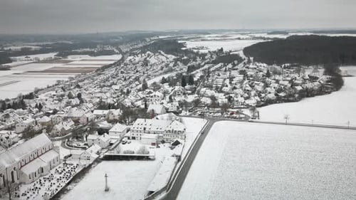 Aerial view of snow covered village