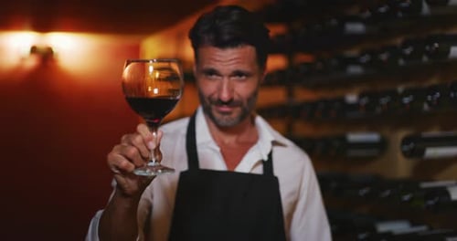 Man in Wine Cellar Swirling Red Wine