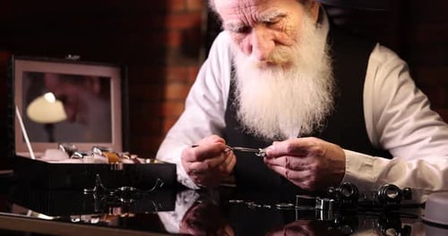 Befestigungsmechanismus einer Vintage-Armbanduhr für ältere Männer am schwarzen Spiegeltisch im Innenbereich