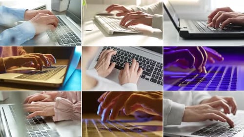 Collage of hands working on laptop. Close-up of fingers typing on notebook keyboard. Using computer.