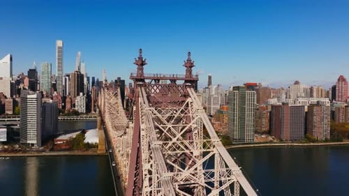 Aerial Views Glide Over Queensboro Bridge Highlighting Iconic Skyscrapers and the Vibrant Midtown
