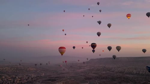 Hot air balloon flight in Goreme in Turkey during sunrise
