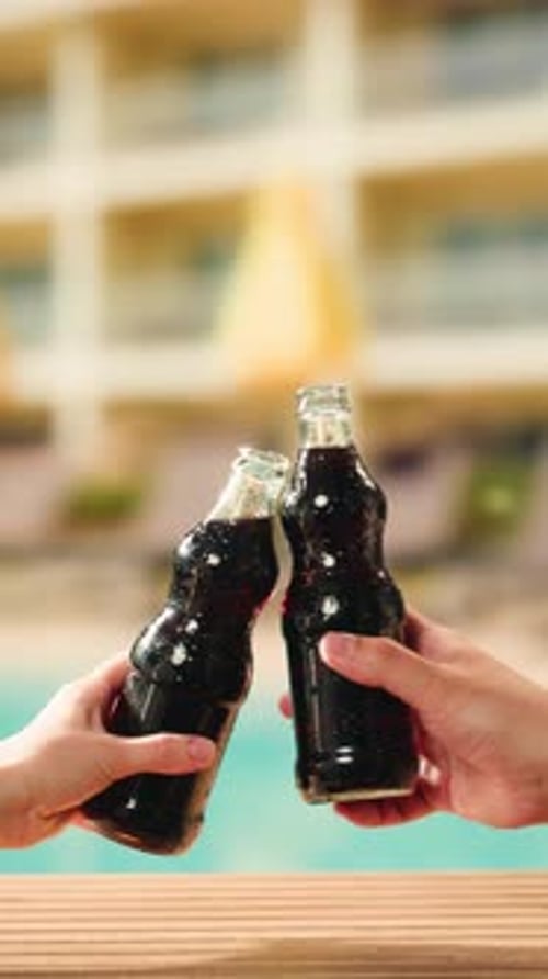 Cola Opening and Cheers Drinks People and Lifestyle Concept Close Up of Happy Woman Drinking Cola in