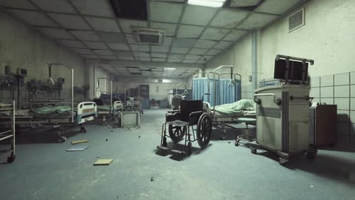 Abandoned Hospital Ward with Empty Beds and a Solitary Wheelchair