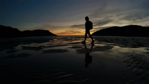Woman Walking on Sandy Beach on Pacific Ocean Coast View