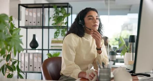 Business woman, call center and computer with headset help desk or customer service at office