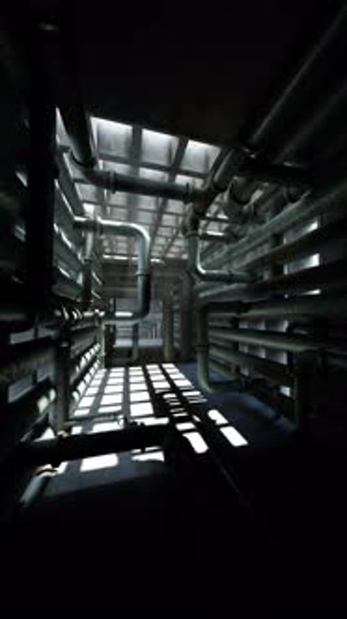 Intricate Network of Pipes in a Dimly Lit Industrial Space