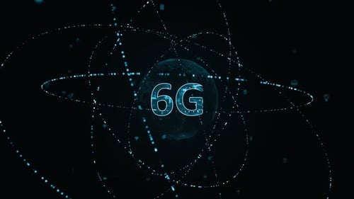 Blue digital 6G letter with particle ring circle rotation and earth sphere with ai technology icons