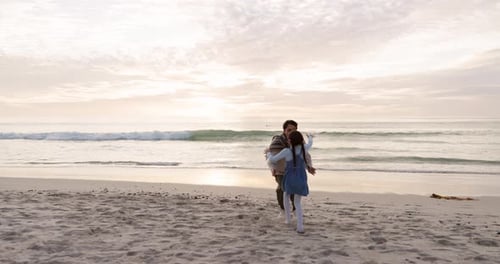Grandmother, child and family hug at beach for fun vacation, holiday or adventure at sunset