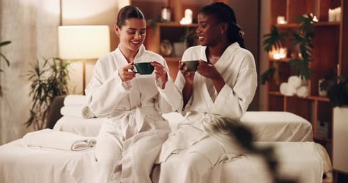 Women, friends and happy with coffee at spa for beauty massage, treatment and service with bonding