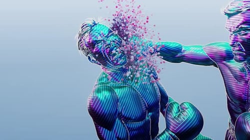 Futuristic Neon Boxers Landing Powerful Punch with Particle Impact