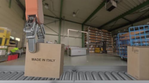 The Robot arm picks up the cardboard box Made in ITALY. Cardboard boxes with product from ITALY