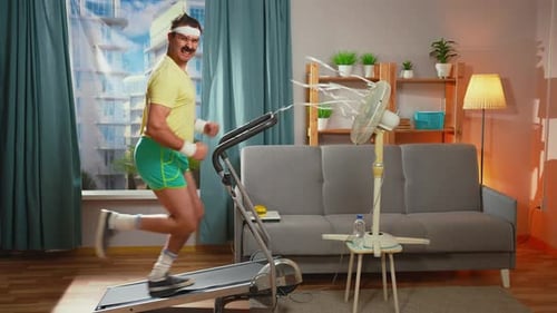 Man Runs on Treadmill with Fan in Living Room