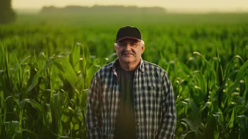Adult Farmer Stands in the Corn Field