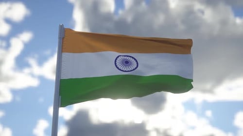 Realistic Flag of India Waving in the Wind Against Deep Blue Sky