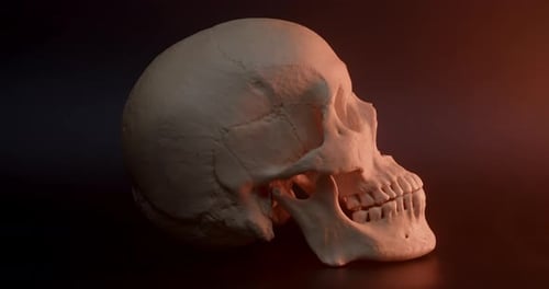 Seitenaufnahme des Schädels auf dunklem Hintergrund mit Rauch und flackerndem Kerzenlicht