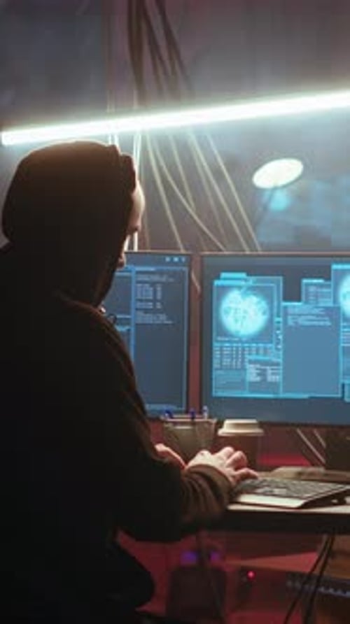 Vertical Video Hacker Using Computer to Run Malicious Code in Foggy Dark Basement