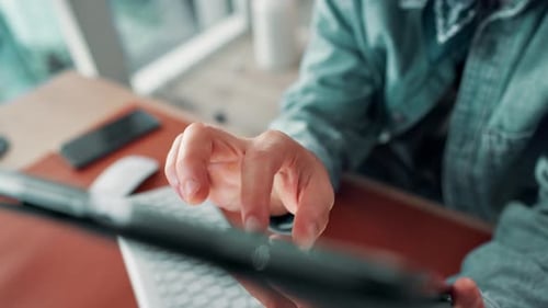 Hands, tablet and scroll at office, startup and review web design with project management