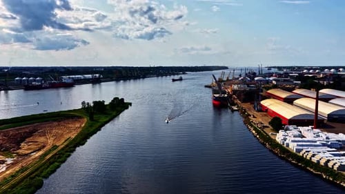 Wide Aerial Shot of the Industrial Port of Riga, Latvia