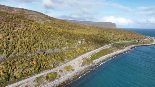 Aerial view of road and landscape in Finnmark, Norway.