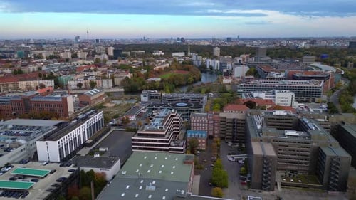 Berlin cityscape with Spree river, Tv Tower. Marvelous aerial view flight drone