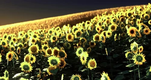 Golden Sunflowers Bloom Under a Clear Sky at Sunset in a Vibrant Field