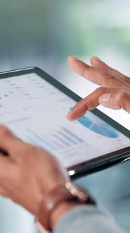 Tablet screen, hands and chart with business person online for sales report or target in office