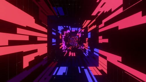 Abstract Neon Light Tunnel with Grid Pattern and Dynamic Geometric Shapes in Seamless loop.