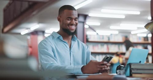 Student, phone and typing in library with man for education, assignment or thesis on college campus