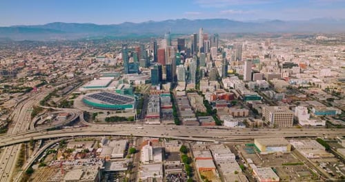 Travel aerial view of urban los-angeles buildings. Modern city downtown los angeles.