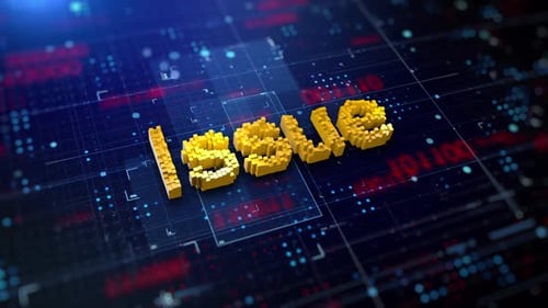 Pixelated 3D Text 'Issue' with Futuristic Digital Grid