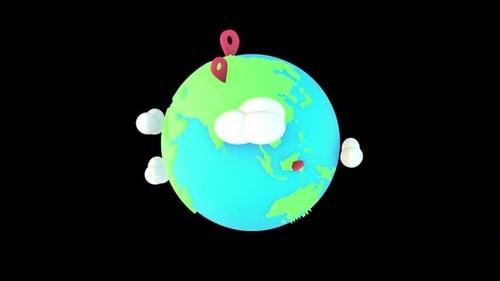 3D Cartoon Earth Rotating With Red Location Pins On Alpha Channel