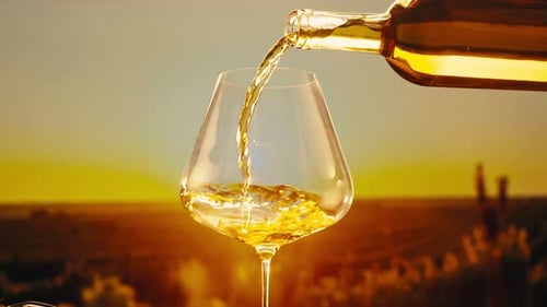 Orange or White Wine Bottle and Glass Against a Sunset in a Peaceful Vineyard Pouring of Ecological